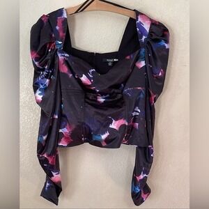 Badgley Mischka Womens Abstract Floral Puff Sleeve Corset Top Black Purple 10